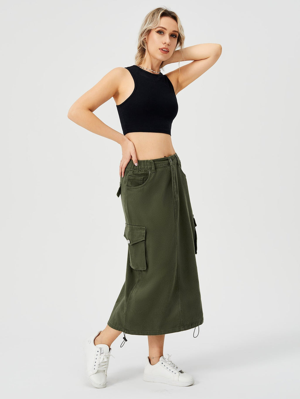 Women's Cargo Maxi Skirt | High Waist Split Pocket Skirt - Premium Canvas