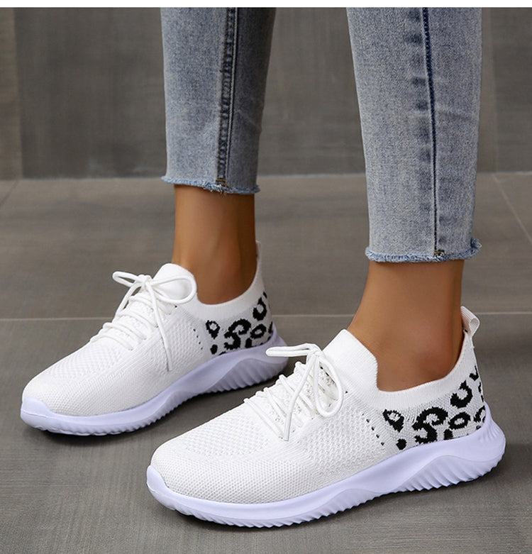 Women's Leopard Print Sneakers | White Lace-Up Sports Shoes - Artistic Decor