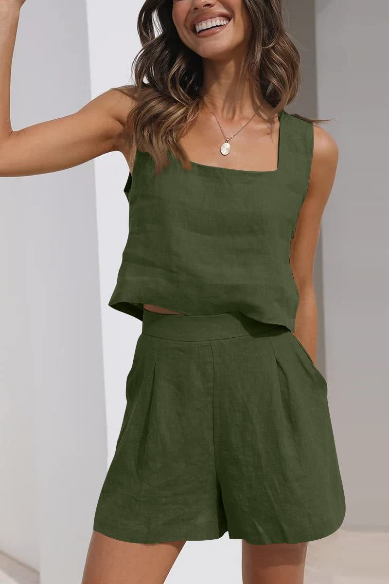 Women's Suit 2 Piece Outfits Square Neck Tops Shorts Sets Lounge Clothes Beach Summer Casual Outfits - Premium Canvas