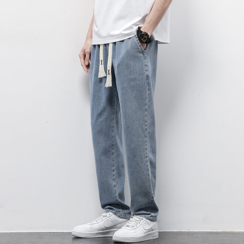 Summer Loose Wide Leg Jeans Pants Men Fashion Drawstring Elasticated Straight Trousers - Home Decor
