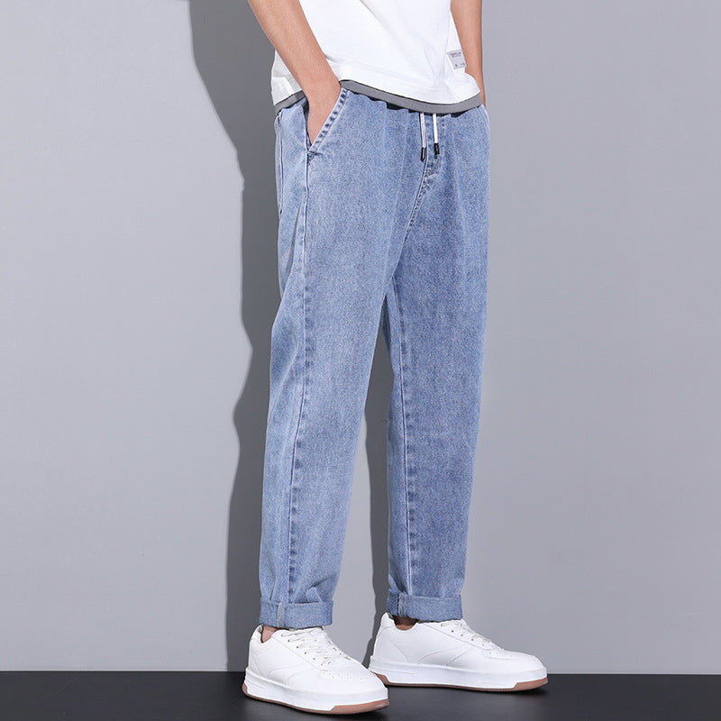 Summer Loose Wide Leg Jeans Pants Men Fashion Drawstring Elasticated Straight Trousers - Home Decor