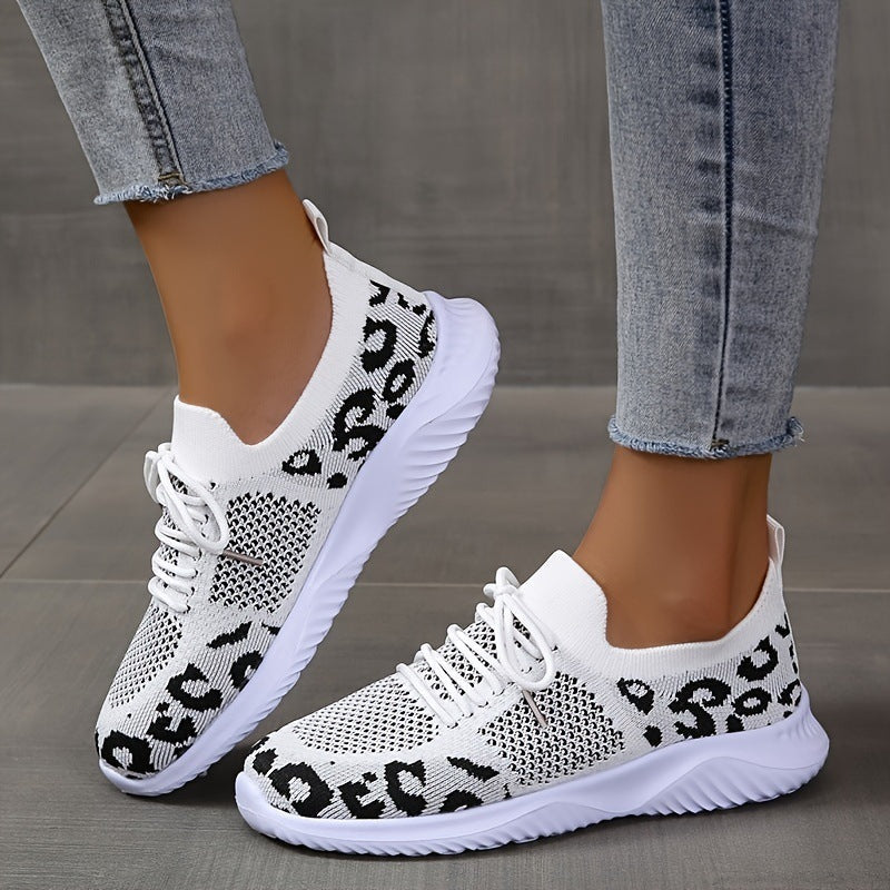 Women's Leopard Print Sneakers | White Lace-Up Sports Shoes - Artistic Decor