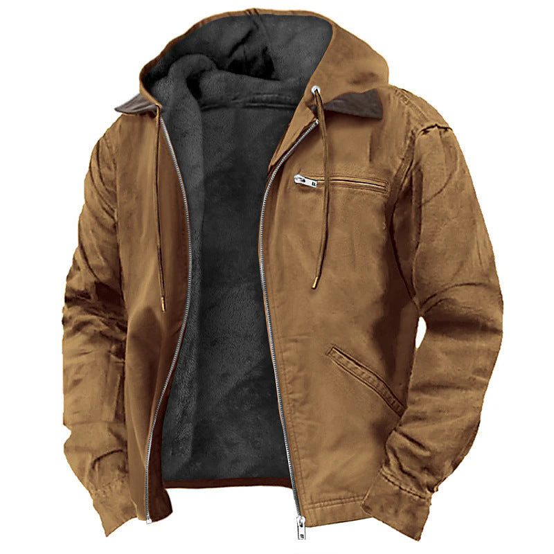Winter Hooded Coat With Pockets Fashion Warm Fleece Zip-up Jacket Casual Outwear Men's Clothing - Modern Print