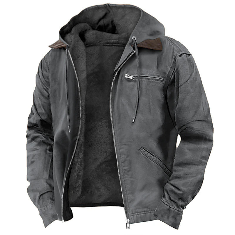 Winter Hooded Coat With Pockets Fashion Warm Fleece Zip-up Jacket Casual Outwear Men's Clothing - Modern Print