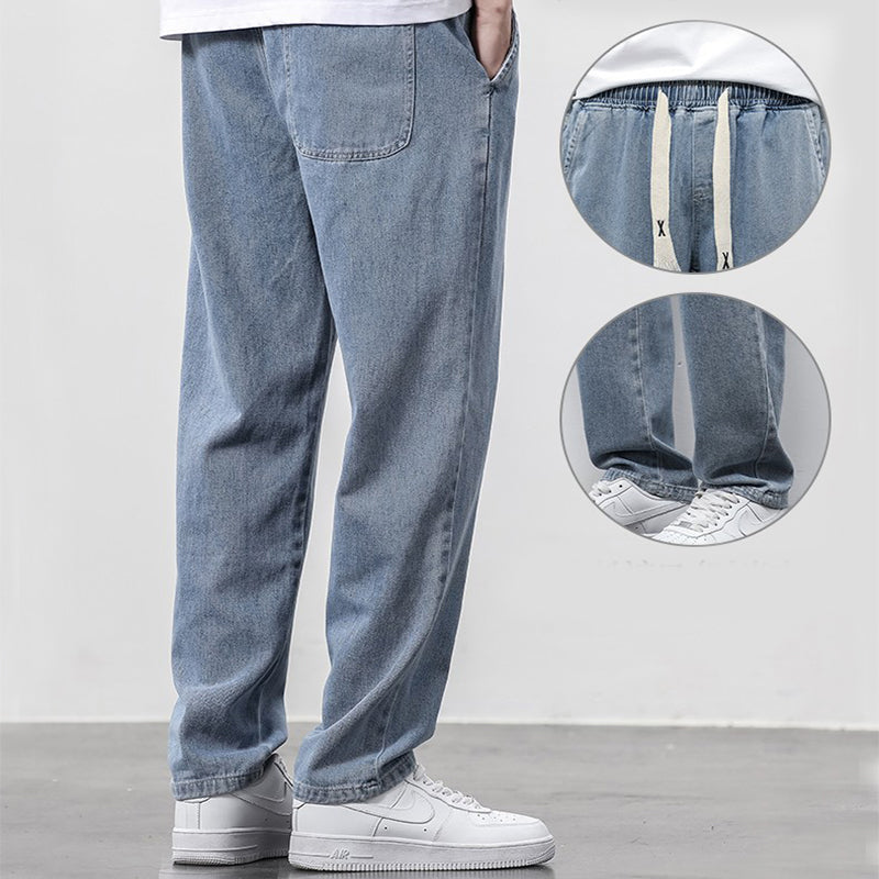 Summer Loose Wide Leg Jeans Pants Men Fashion Drawstring Elasticated Straight Trousers - Home Decor