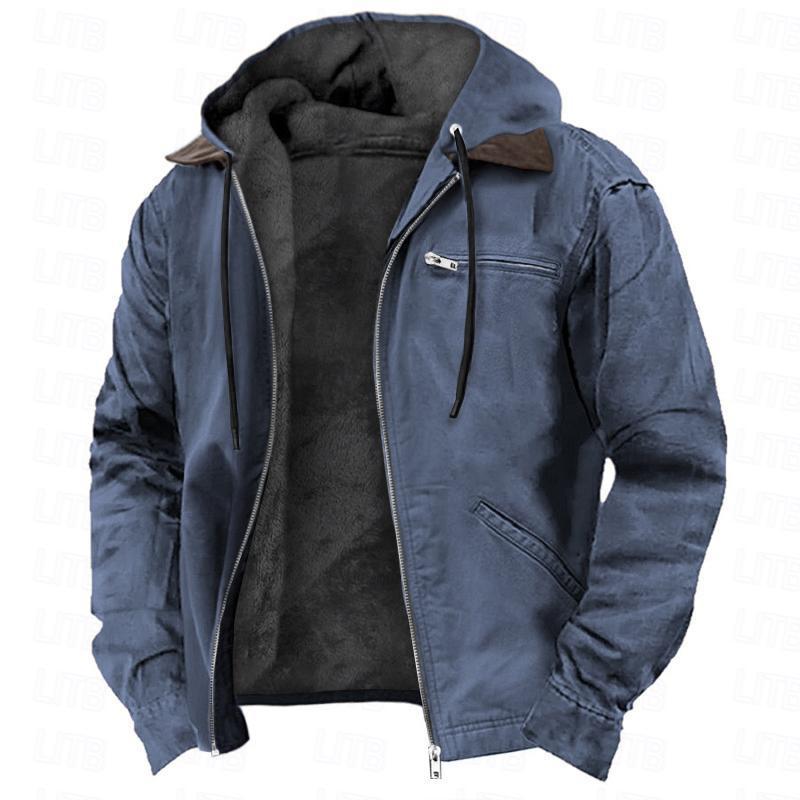 Winter Hooded Coat With Pockets Fashion Warm Fleece Zip-up Jacket Casual Outwear Men's Clothing - Modern Print