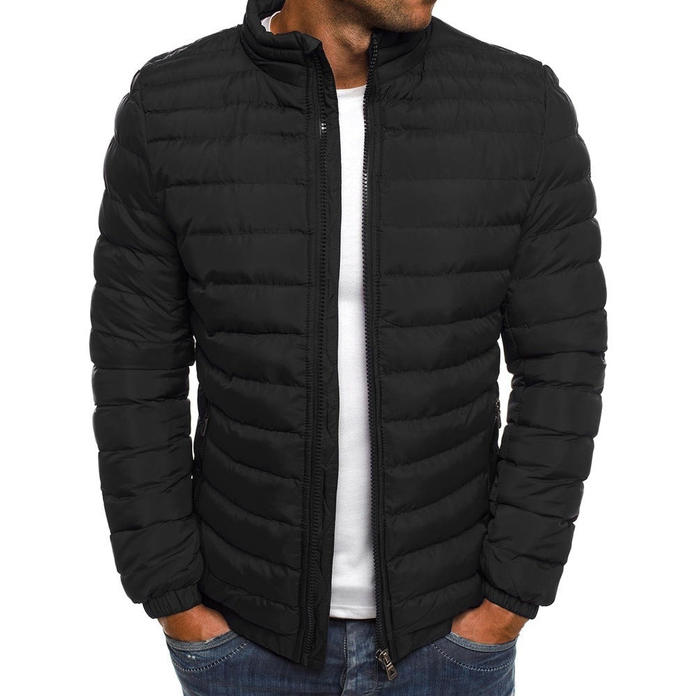 Men Jacket Zipper Solid Color Long Sleeves Pockets Coldproof Autumn Thicken Cotton Padded Overcoat For Outdoor - Home Decor