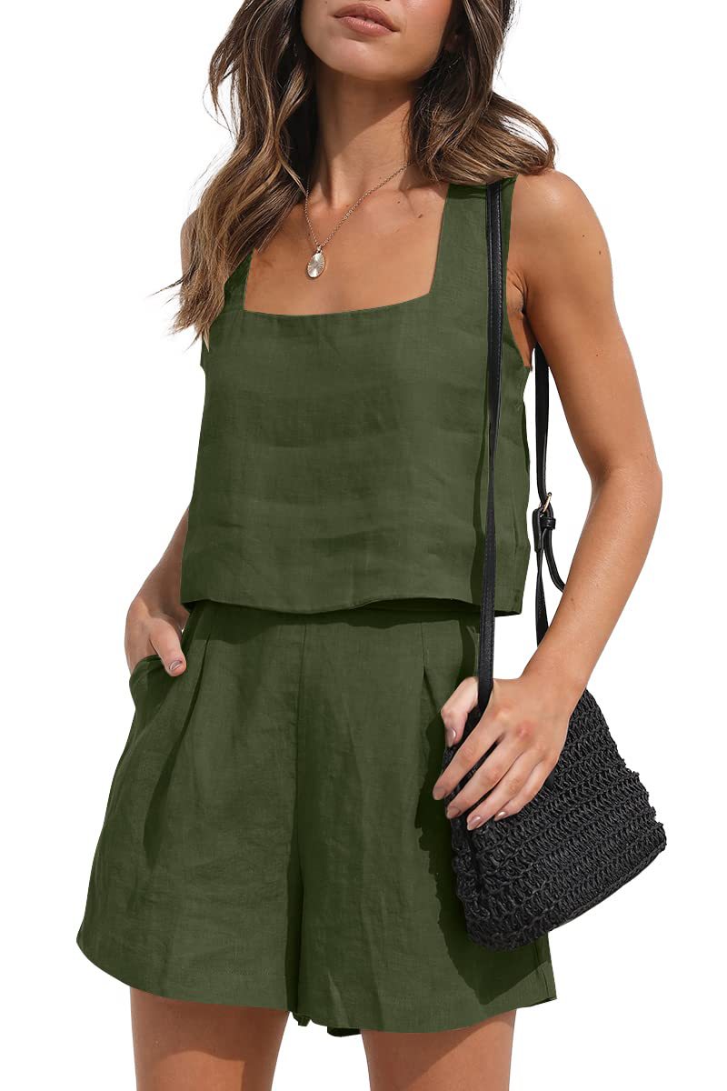 Women's Suit 2 Piece Outfits Square Neck Tops Shorts Sets Lounge Clothes Beach Summer Casual Outfits - Premium Canvas
