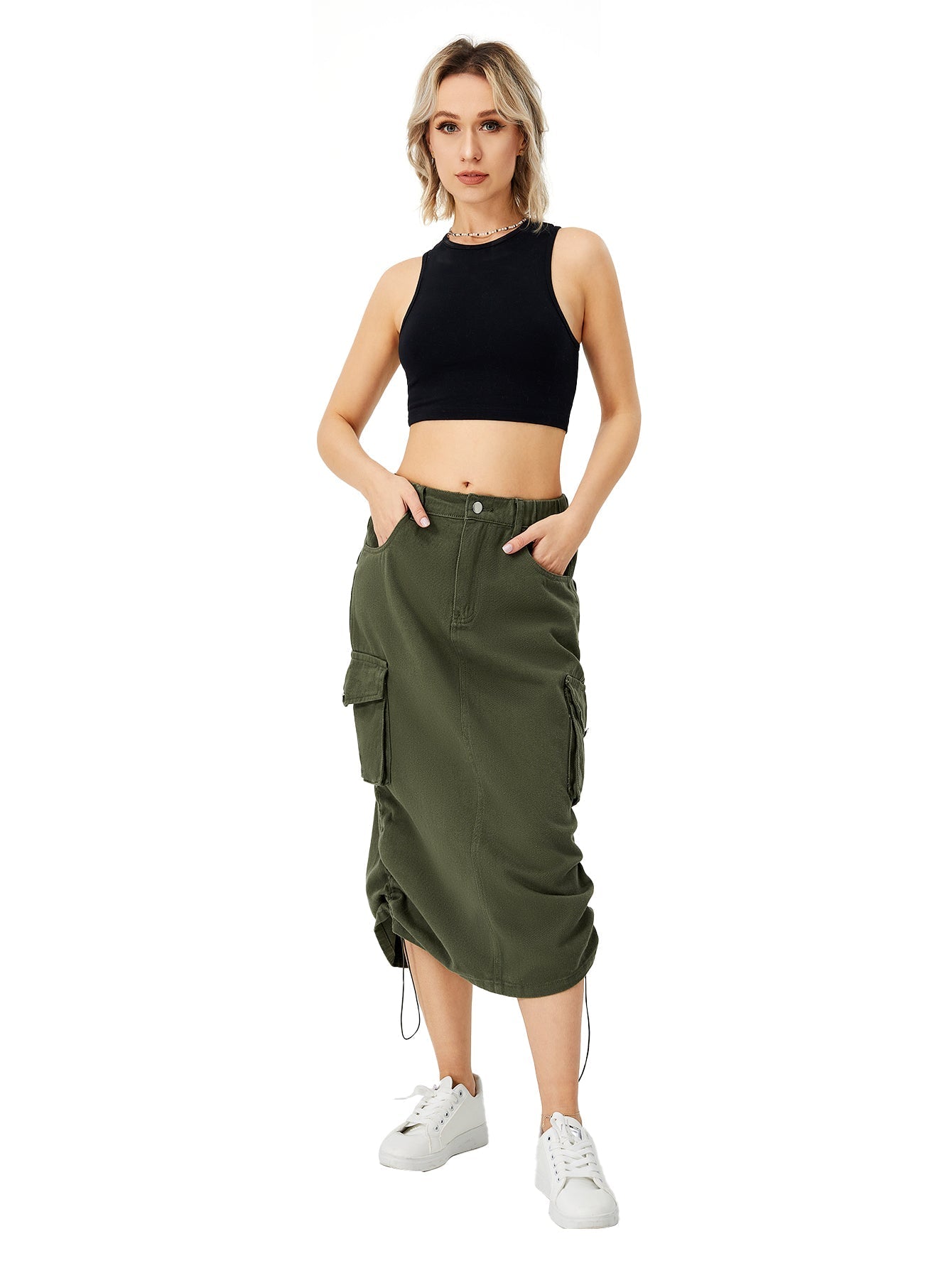 Women's Cargo Maxi Skirt | High Waist Split Pocket Skirt - Premium Canvas
