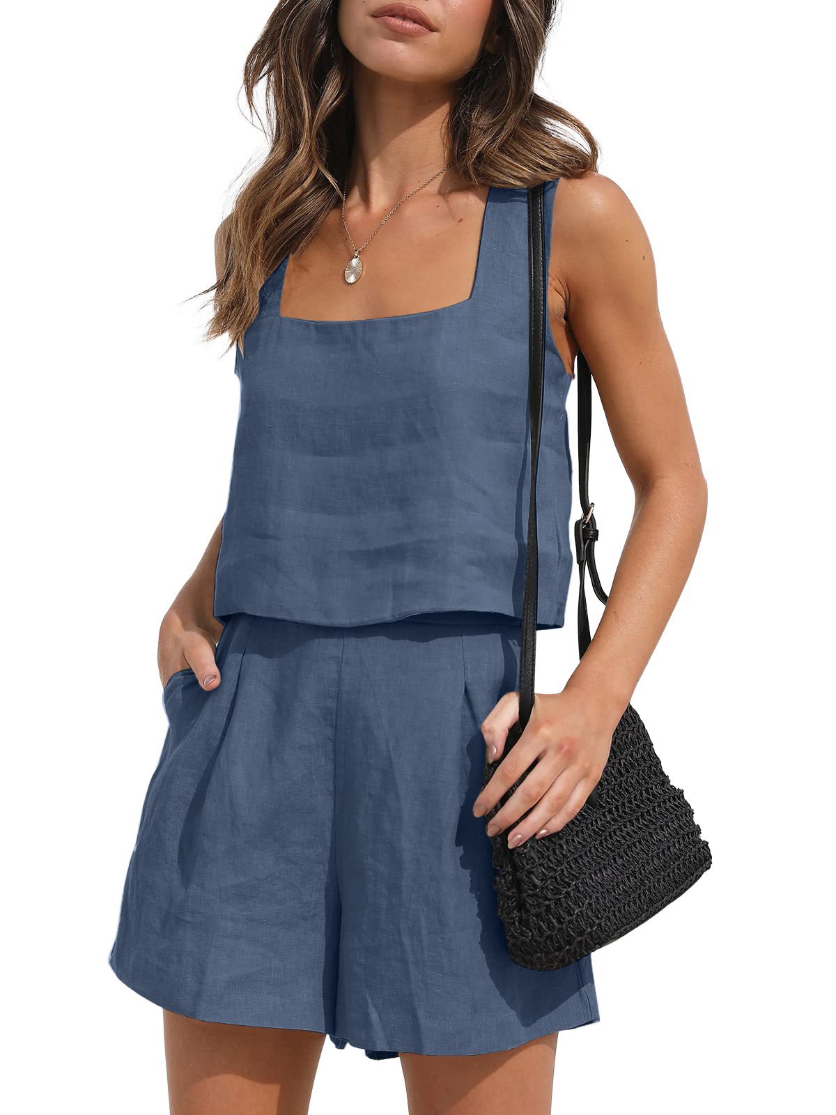 Women's Suit 2 Piece Outfits Square Neck Tops Shorts Sets Lounge Clothes Beach Summer Casual Outfits - Premium Canvas
