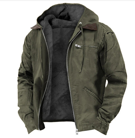 Winter Hooded Coat With Pockets Fashion Warm Fleece Zip-up Jacket Casual Outwear Men's Clothing - Modern Print