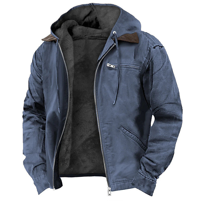 Winter Hooded Coat With Pockets Fashion Warm Fleece Zip-up Jacket Casual Outwear Men's Clothing - Modern Print