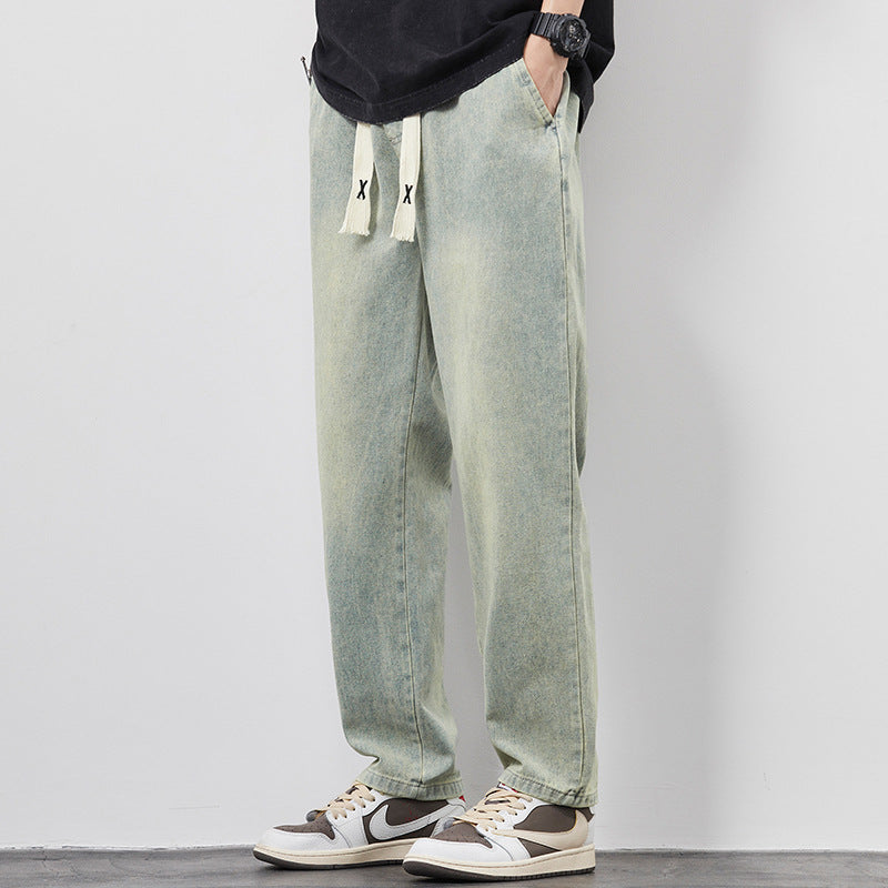 Summer Loose Wide Leg Jeans Pants Men Fashion Drawstring Elasticated Straight Trousers - Home Decor