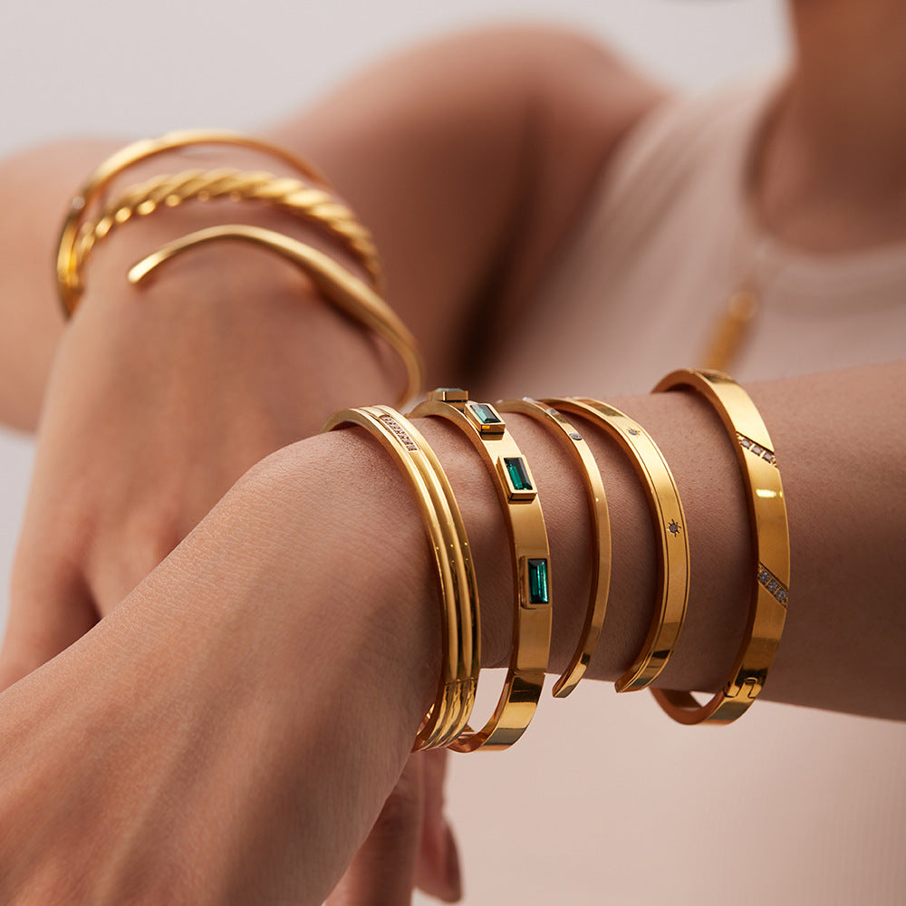 Gold-Plated Zirconia Bracelet | Stainless Steel Jewelry - Modern Print