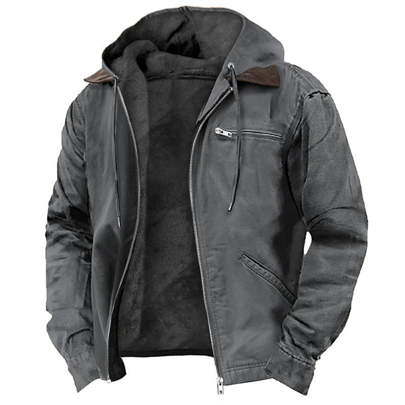 Winter Hooded Coat With Pockets Fashion Warm Fleece Zip-up Jacket Casual Outwear Men's Clothing - Modern Print