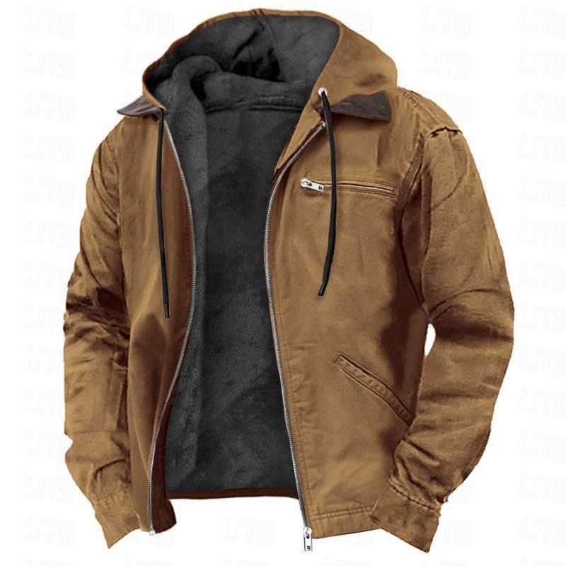 Winter Hooded Coat With Pockets Fashion Warm Fleece Zip-up Jacket Casual Outwear Men's Clothing - Modern Print