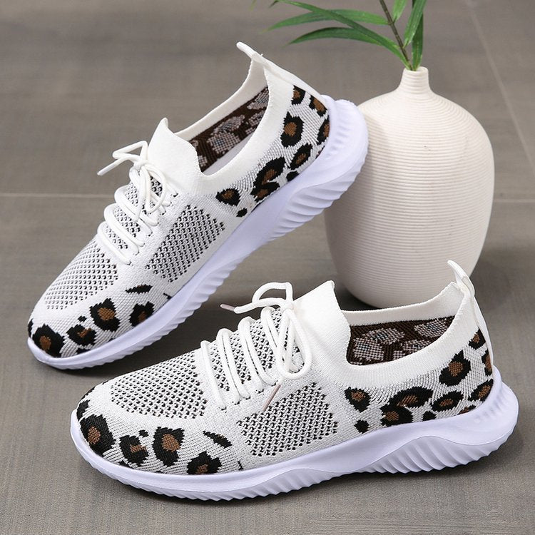 Women's Leopard Print Sneakers | White Lace-Up Sports Shoes - Artistic Decor