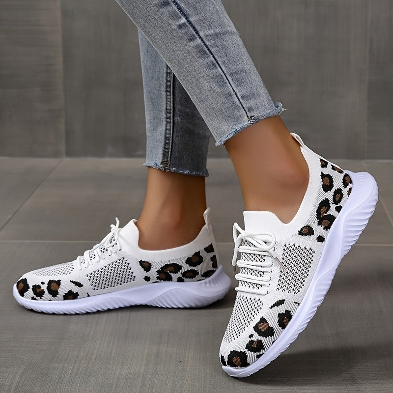 Women's Leopard Print Sneakers | White Lace-Up Sports Shoes - Artistic Decor