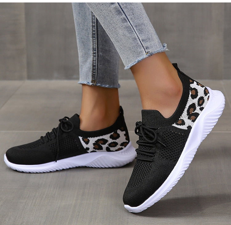 Women's Leopard Print Sneakers | White Lace-Up Sports Shoes - Artistic Decor