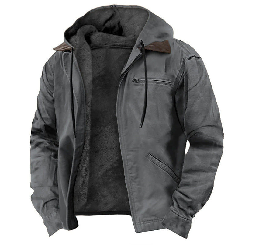 Winter Hooded Coat With Pockets Fashion Warm Fleece Zip-up Jacket Casual Outwear Men's Clothing - Modern Print