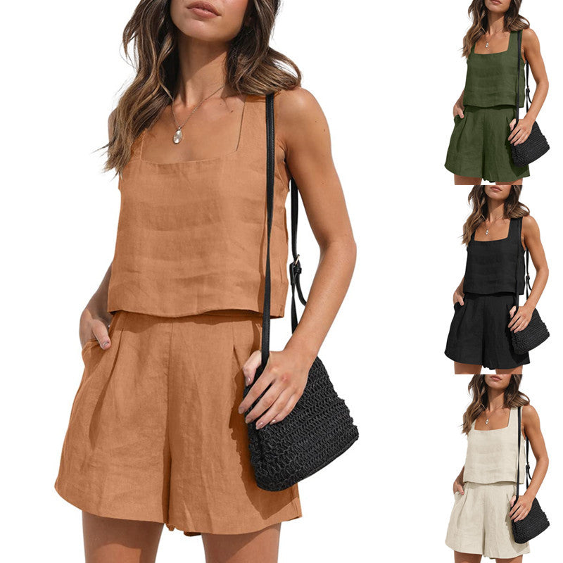 Women's Suit 2 Piece Outfits Square Neck Tops Shorts Sets Lounge Clothes Beach Summer Casual Outfits - Premium Canvas