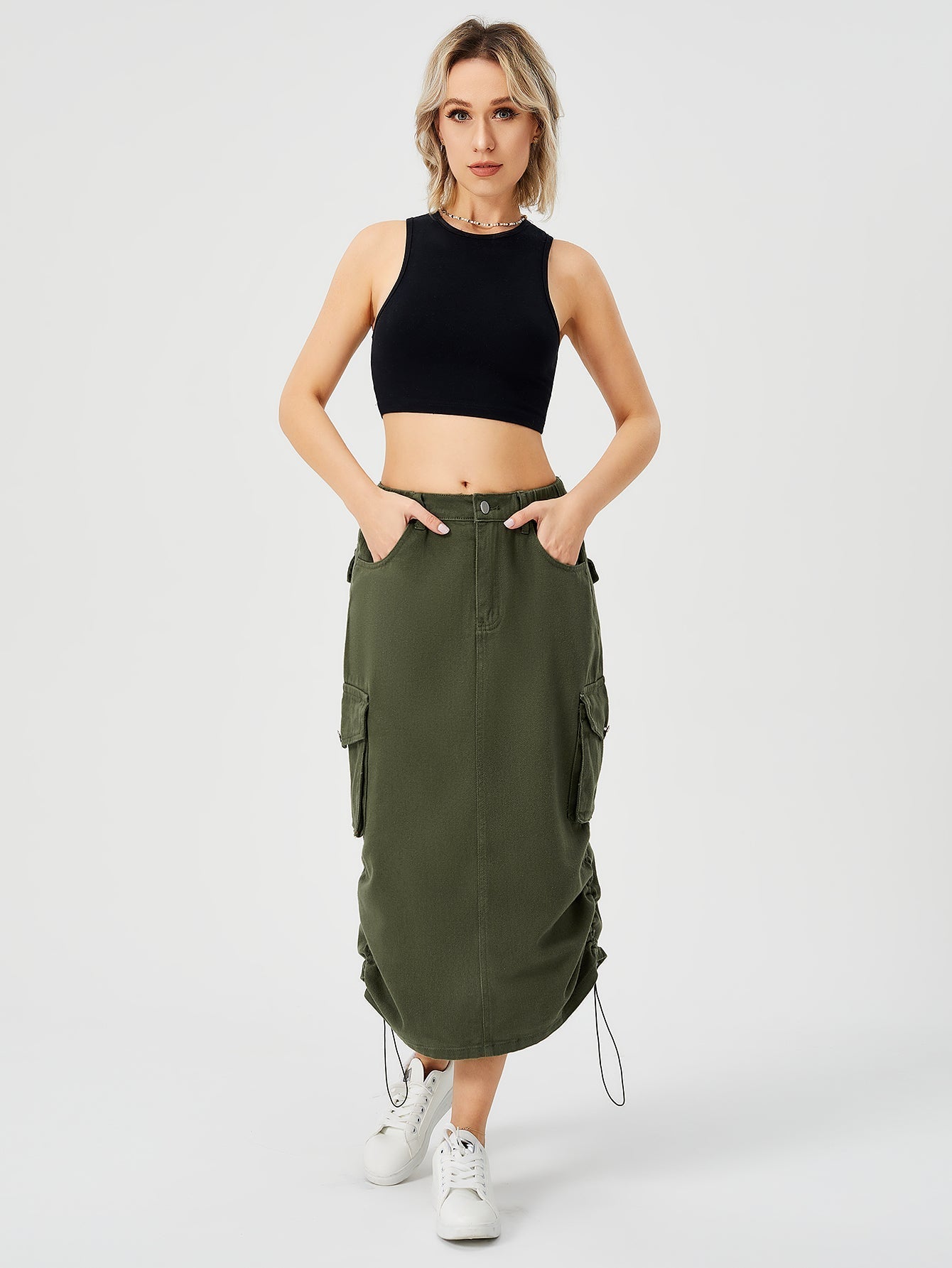 Women's Cargo Maxi Skirt | High Waist Split Pocket Skirt - Premium Canvas