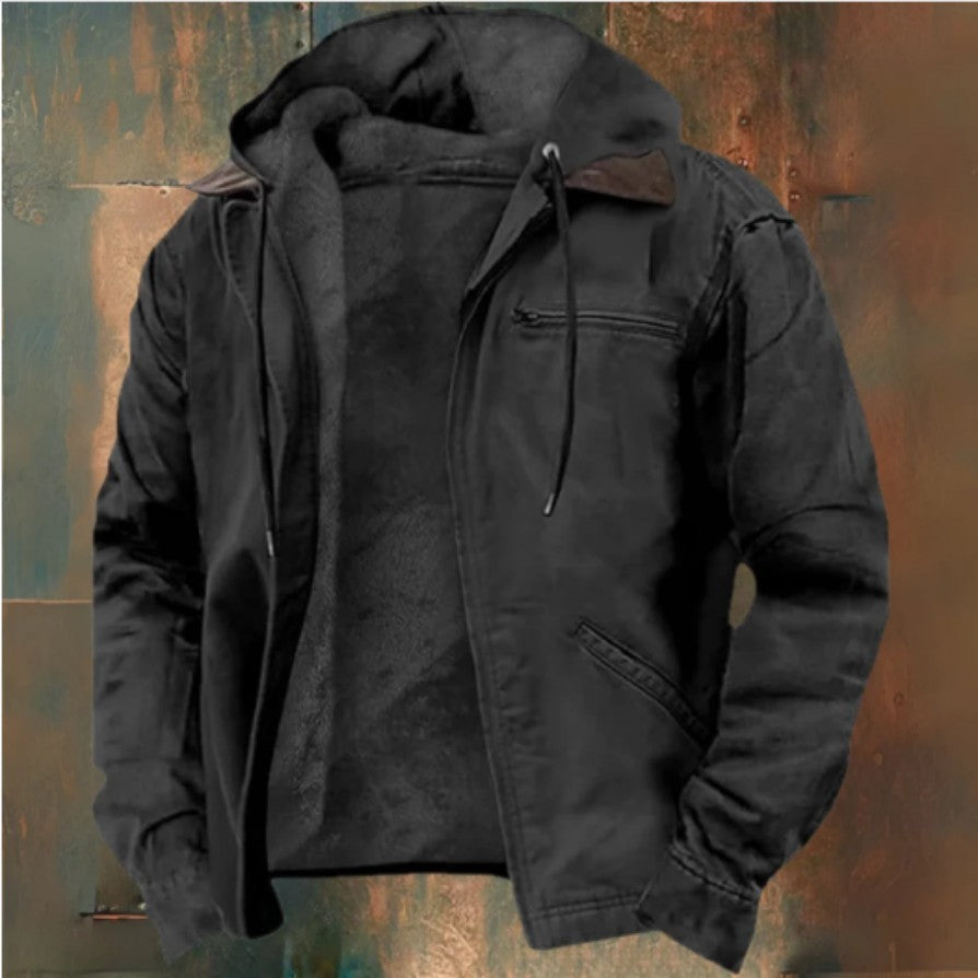 Winter Hooded Coat With Pockets Fashion Warm Fleece Zip-up Jacket Casual Outwear Men's Clothing - Modern Print