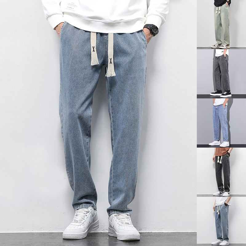 Summer Loose Wide Leg Jeans Pants Men Fashion Drawstring Elasticated Straight Trousers - Home Decor
