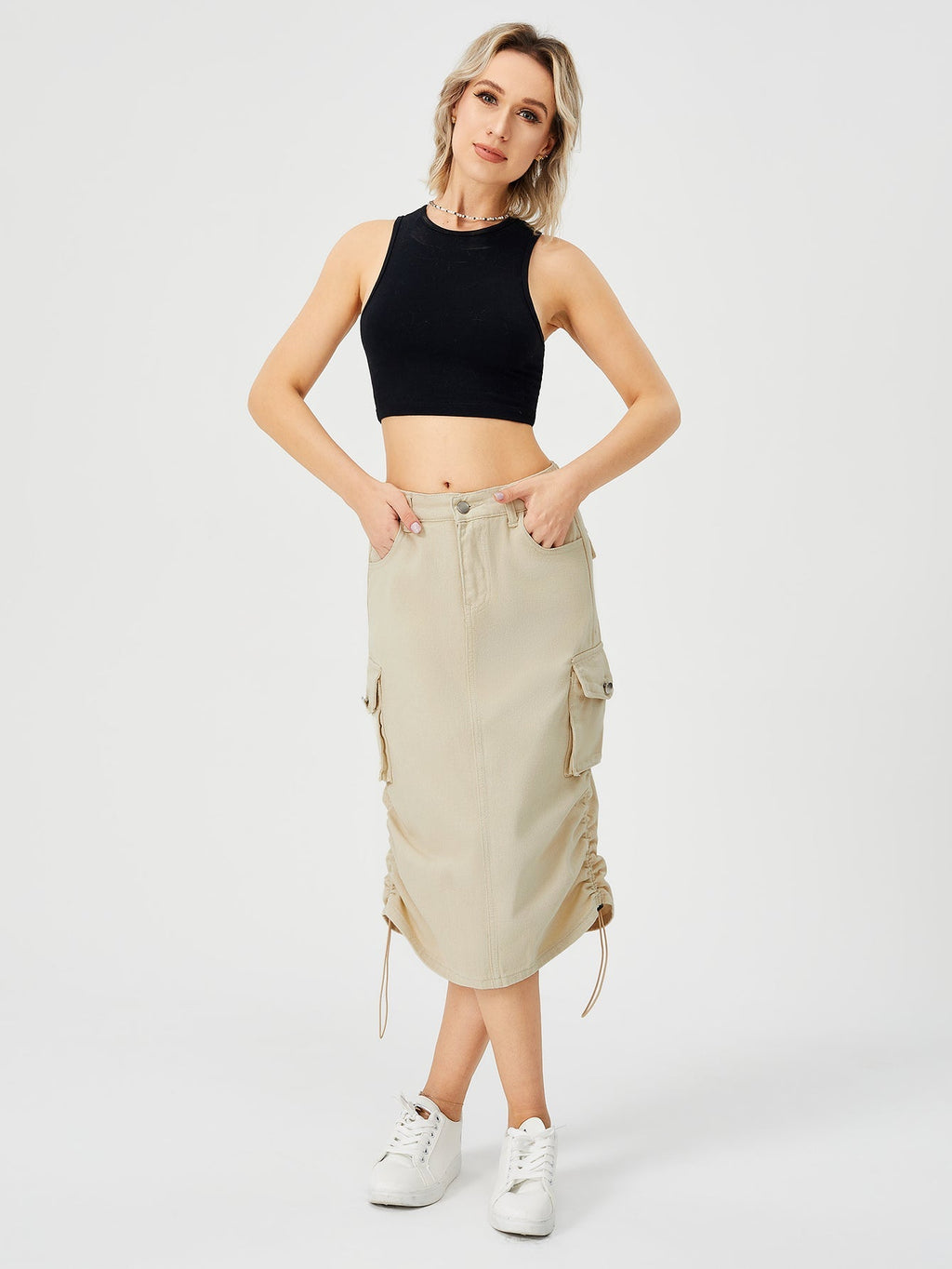 Women's Cargo Maxi Skirt | High Waist Split Pocket Skirt - Premium Canvas