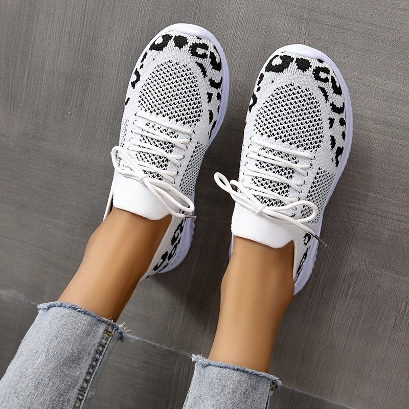 Women's Leopard Print Sneakers | White Lace-Up Sports Shoes - Artistic Decor