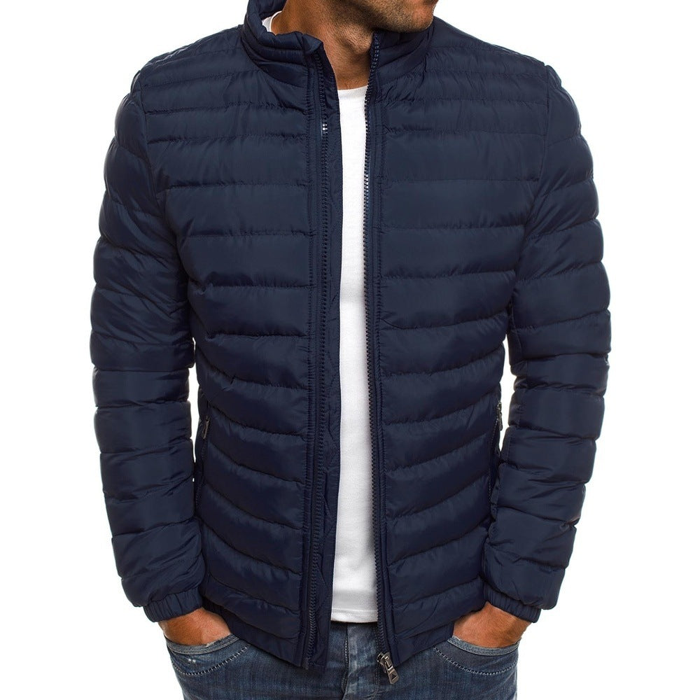 Men Jacket Zipper Solid Color Long Sleeves Pockets Coldproof Autumn Thicken Cotton Padded Overcoat For Outdoor - Home Decor