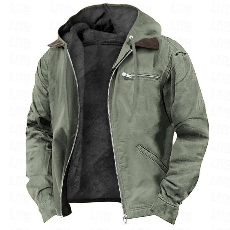 Winter Hooded Coat With Pockets Fashion Warm Fleece Zip-up Jacket Casual Outwear Men's Clothing - Modern Print